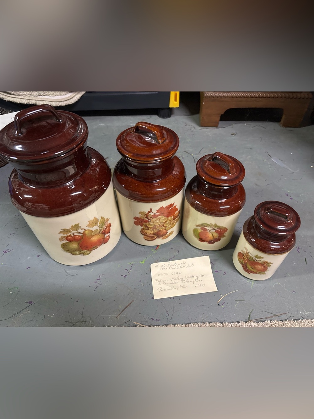 Vintage Ceramic Canister Set with Brown Lids and Fruit Decals